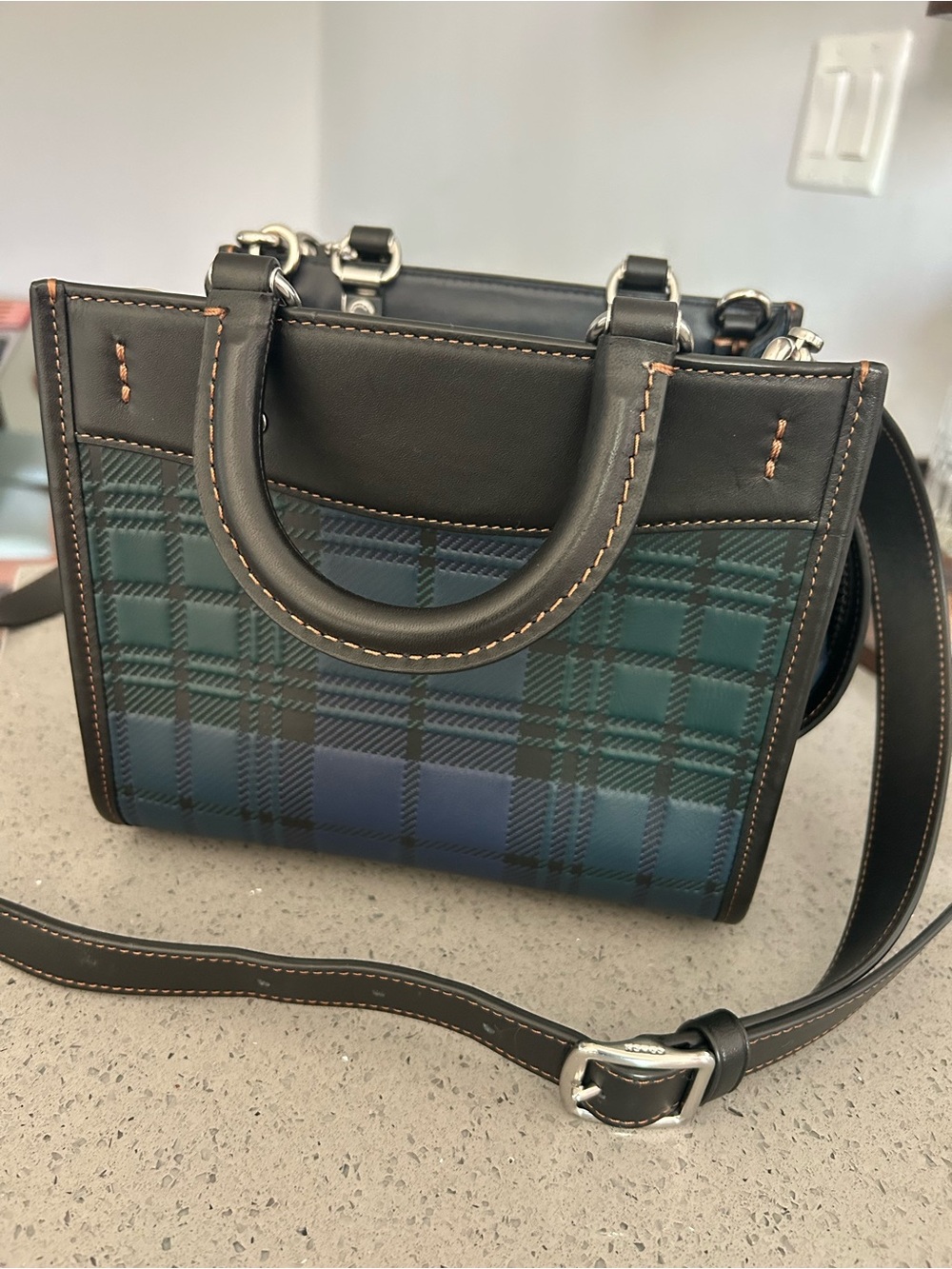 Coach Rogue 20 CH385 Plaid Green-Blue Mini Satchel Handbag